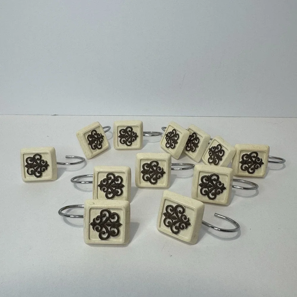 Vintage Square Tile Shower Curtain Hooks Set Cream Beige Brown Scroll Motif